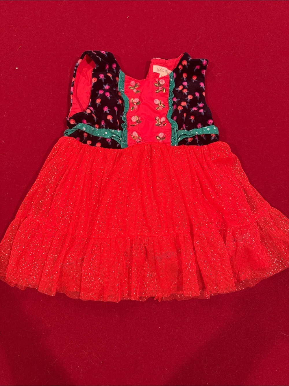 Matilda Jane Red Glitter Tulle Dress with Velvet Bodice and Green Trim